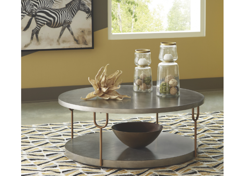 Round Wood Coffee Table With Metal Legs and Caster - Legana